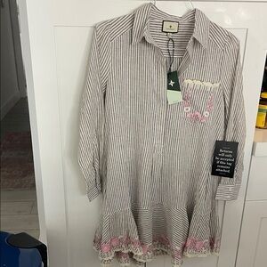 Tuckernuck Striped Tunic Dress with Pink Embroidery
